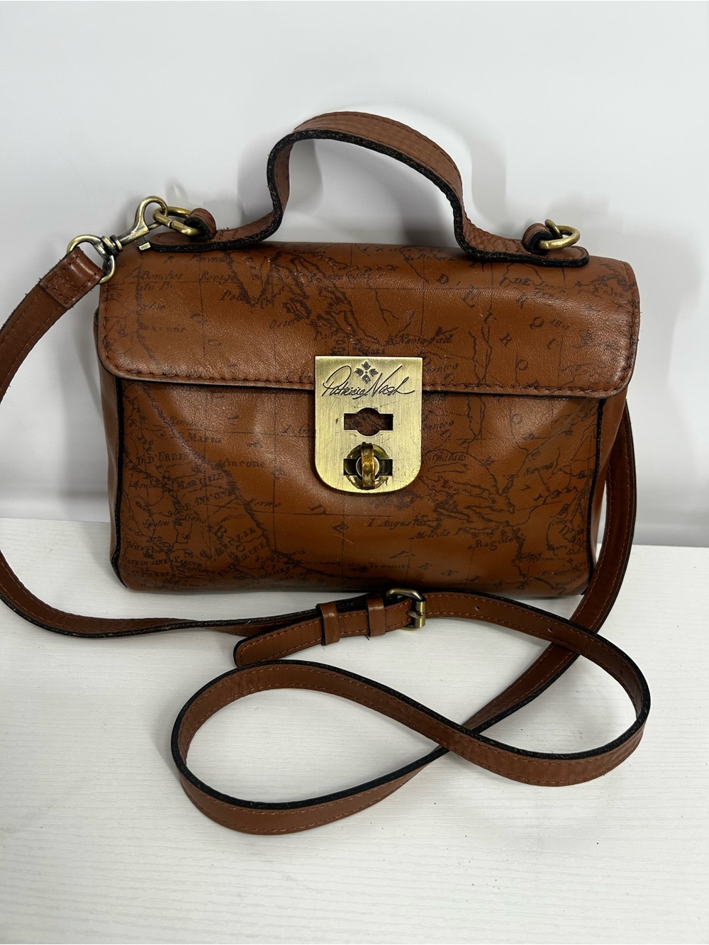 Patricia Nash Signature Map Brown Leather Top Handle Crossbody Bag W/strap